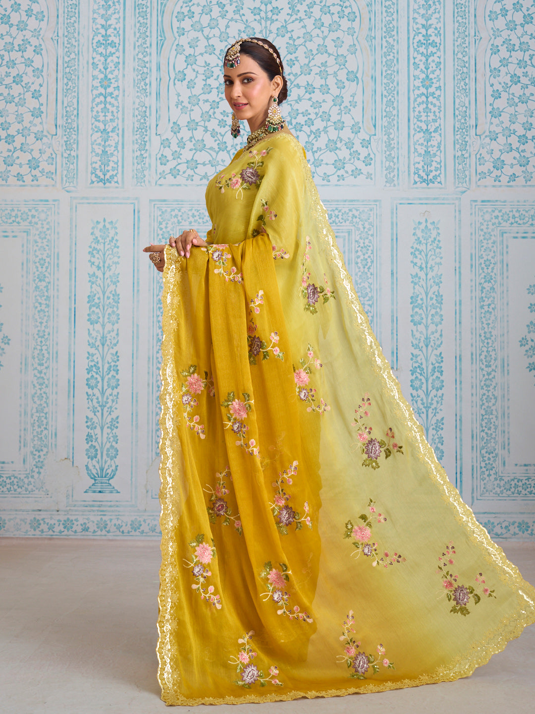 Laxmipati Aanya Yellow Chiffon Embroidered Saree