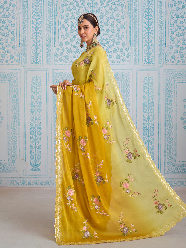 Laxmipati Aanya Yellow Chiffon Embroidered Saree