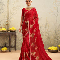 Red embroidered chiffon saree festive wear