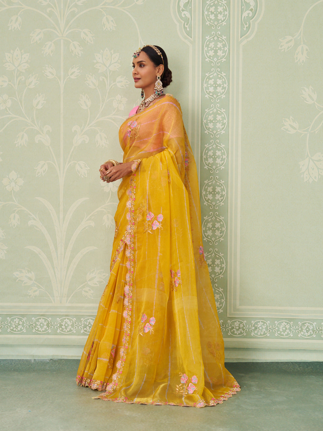 Yellow floral embroidered chiffon saree casual wear
