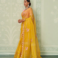 Yellow floral embroidered chiffon saree casual wear