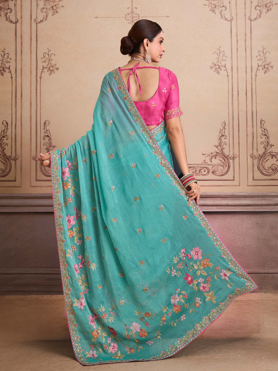 Green floral embroidered chiffon saree party wear