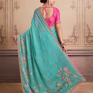 Green floral embroidered chiffon saree party wear