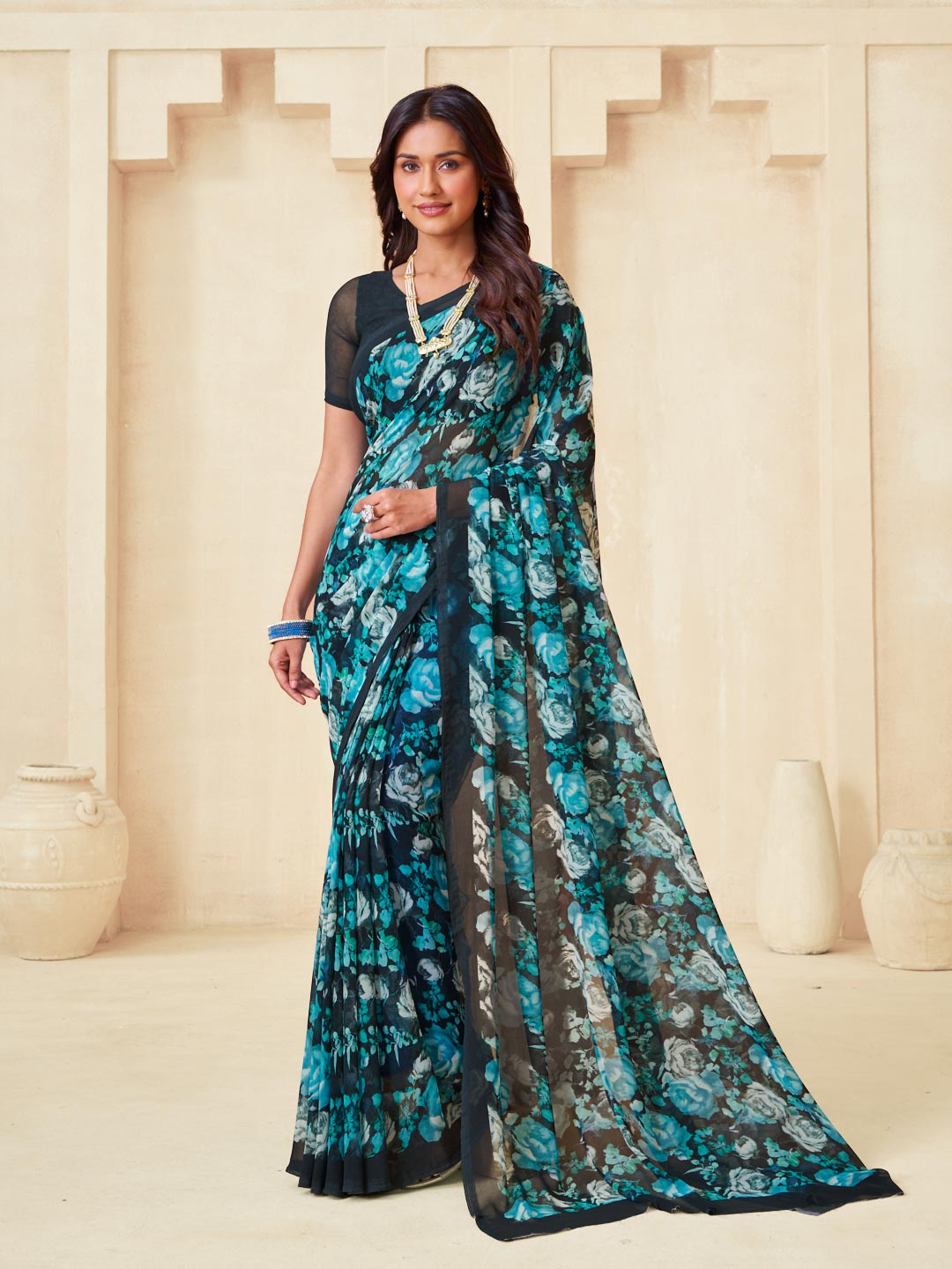 Navy blue floral printed georgette saree elegant look