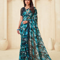 Navy blue floral printed georgette saree elegant look