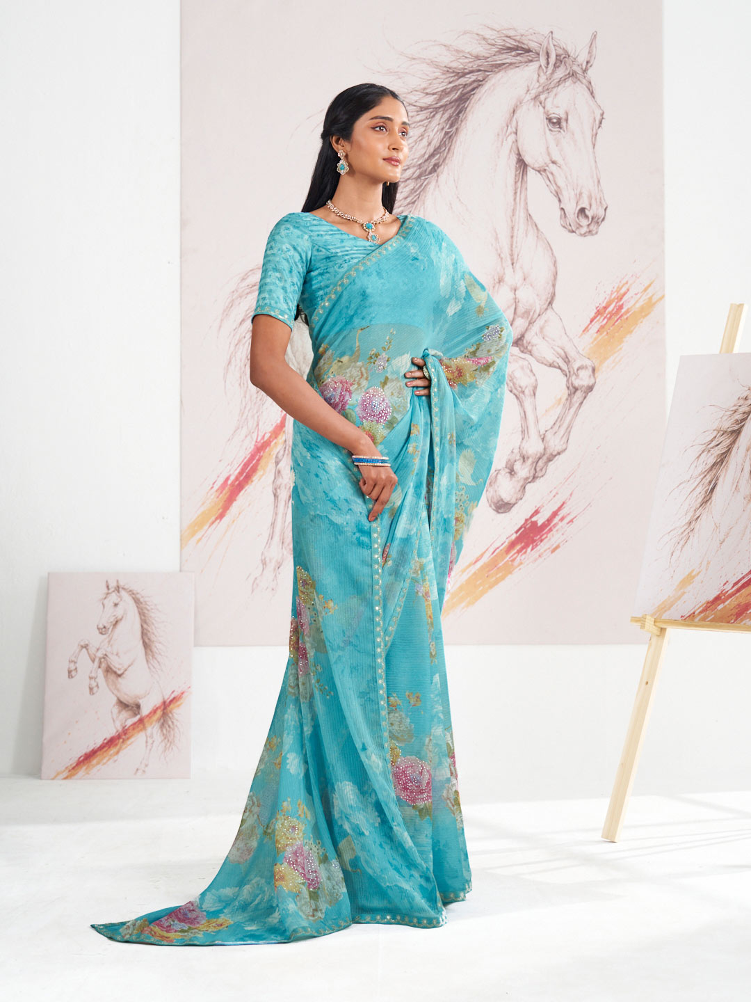Laxmipati Murli Blue Chiffon Floral Saree