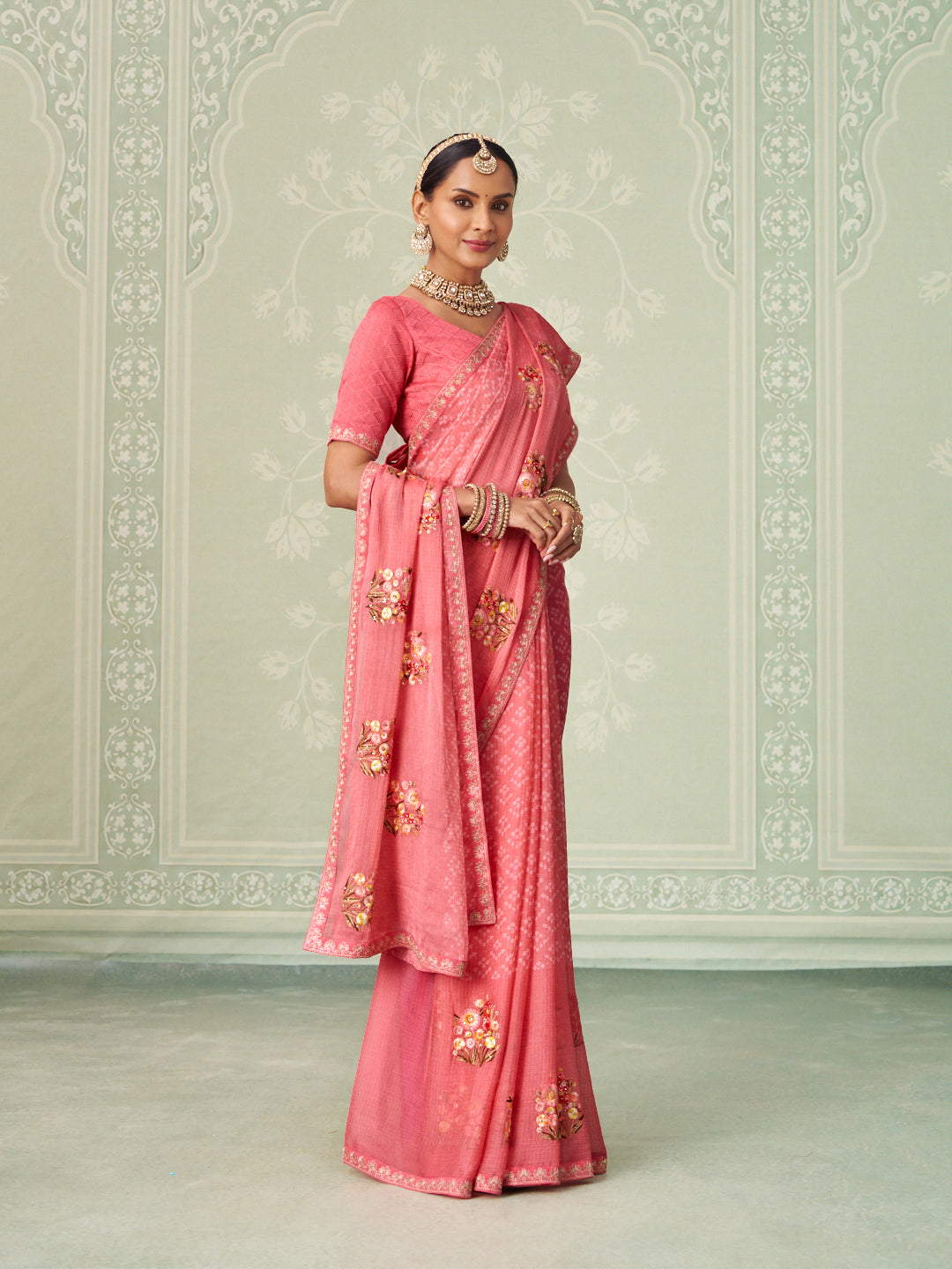 Pink floral embroidered chiffon saree casual wear