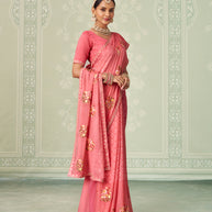 Pink floral embroidered chiffon saree casual wear