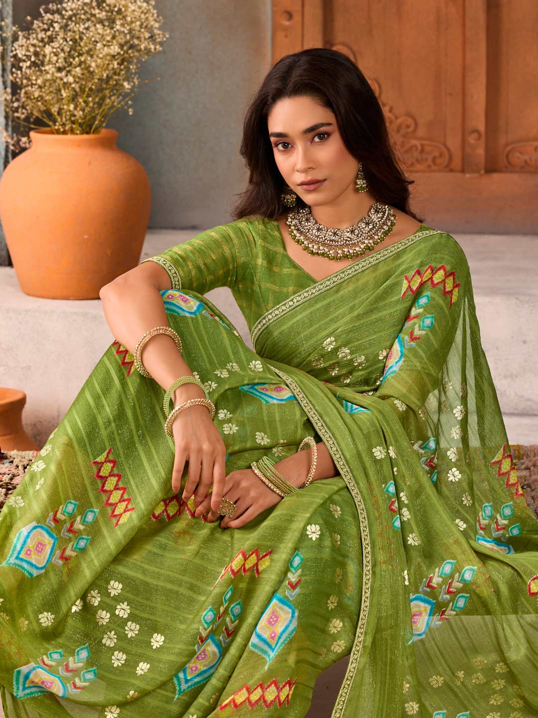 Green sheer woven Silk Blend saree festive wear