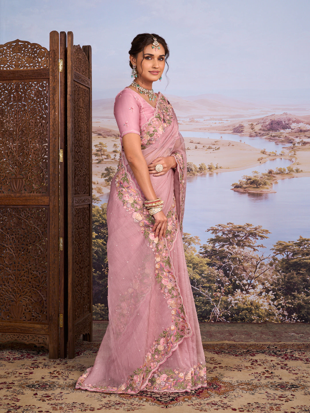 Pink floral embroidered tissue organza saree bridal wear