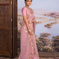 Pink floral embroidered tissue organza saree bridal wear