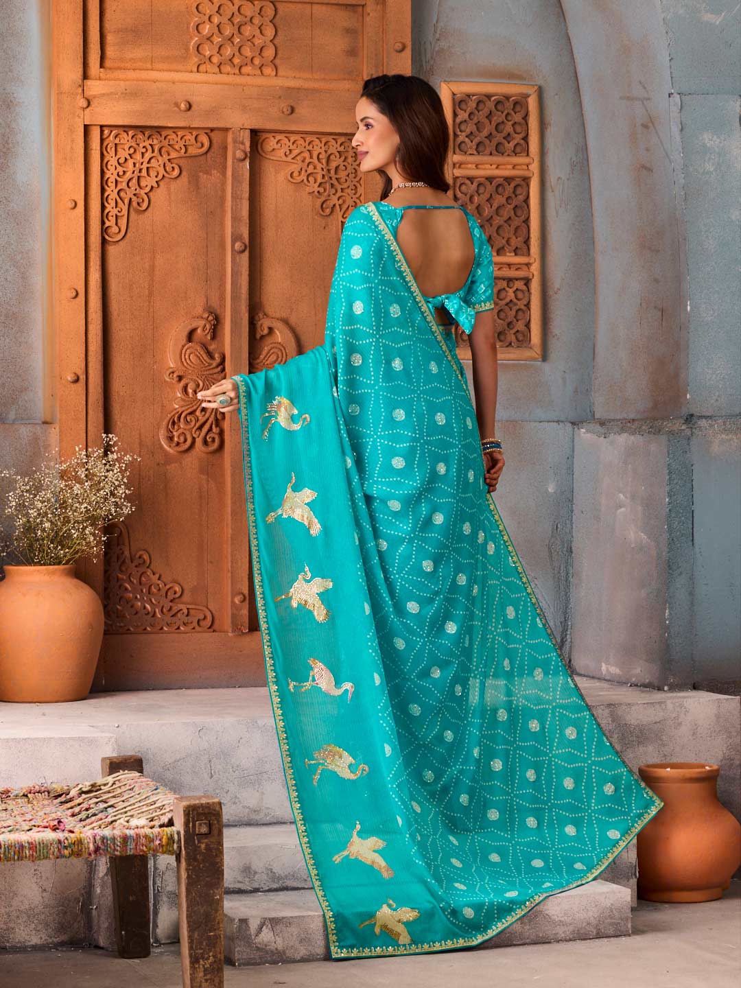 Blue dotted embroidered silk blend saree festive wear