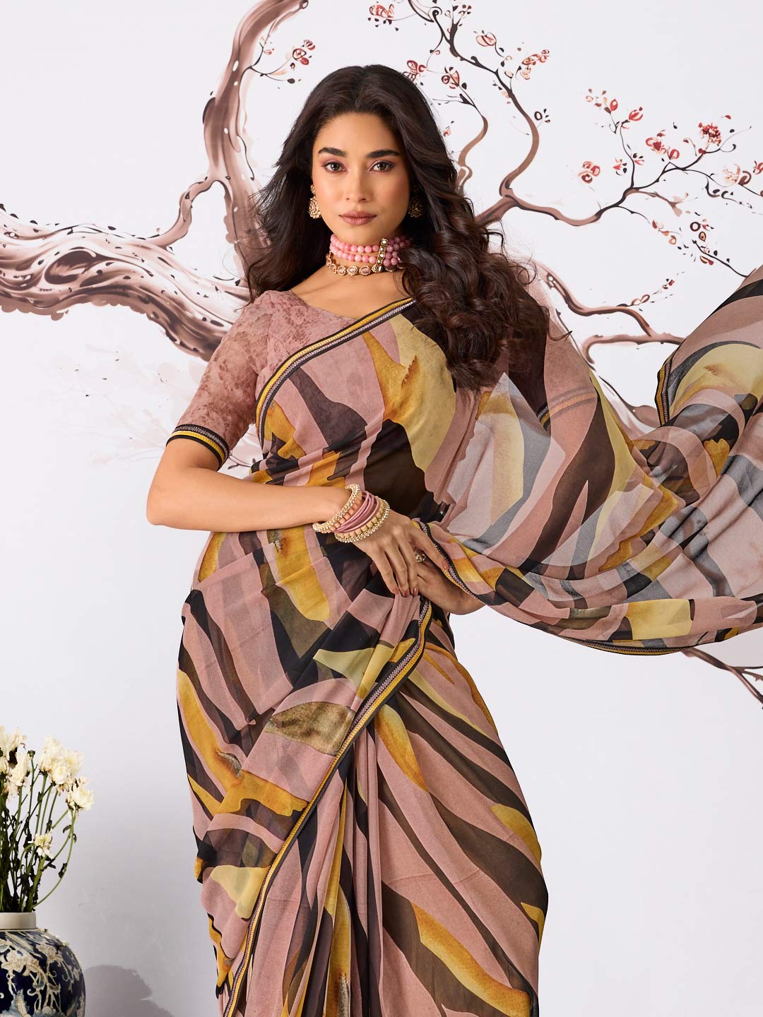 Brown abstract printed georgette saree casual wear