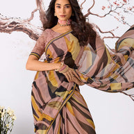 Brown abstract printed georgette saree casual wear