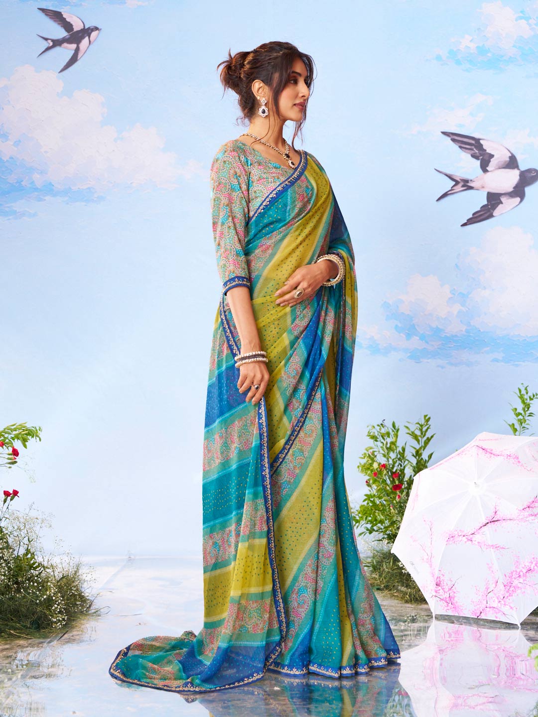 Blue printed silk saree daily wear 