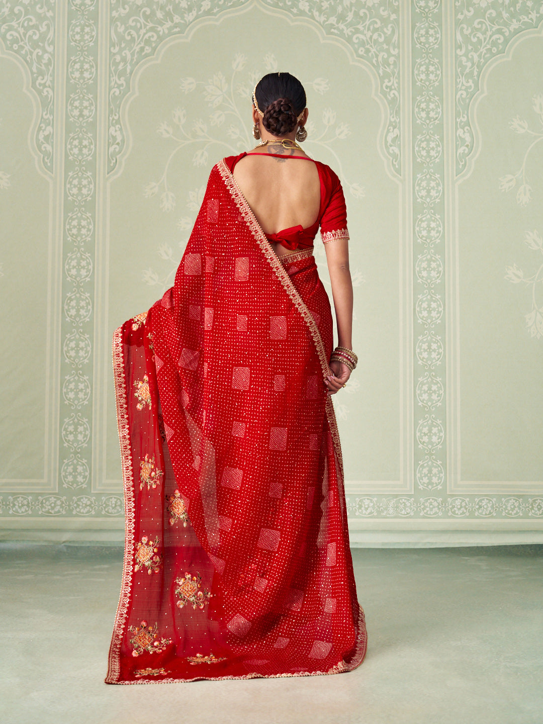 Red floral embroidered chiffon saree daily wear
