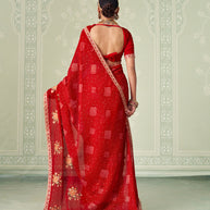 Red floral embroidered chiffon saree daily wear