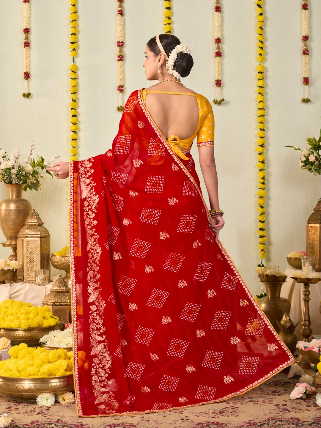 Red bandhani printed georgette saree party wear