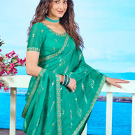 Green floral embroidered chiffon saree festive wear 