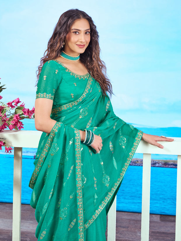 Green floral embroidered chiffon saree festive wear 