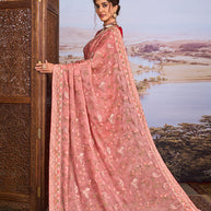Pink floral embroidered chiffon saree daily wear