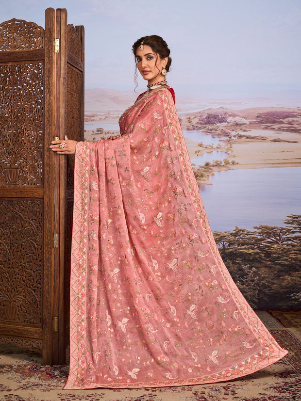 Pink floral embroidered chiffon saree daily wear