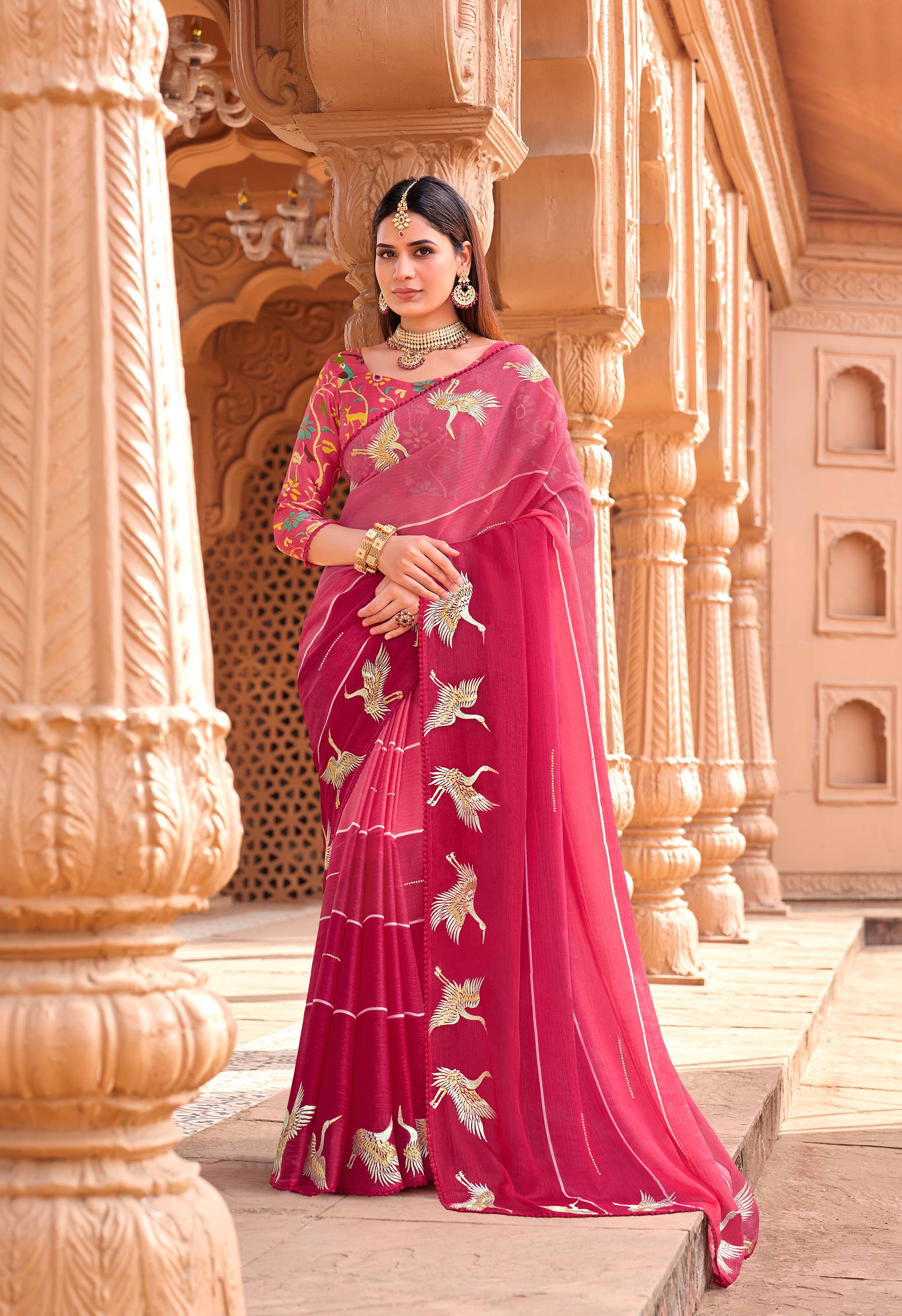 Pink chiffon embroidered saree with bird motifs
