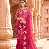 Pink chiffon embroidered saree with bird motifs