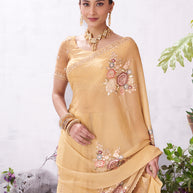 Brown floral embroidery saree stylish drape