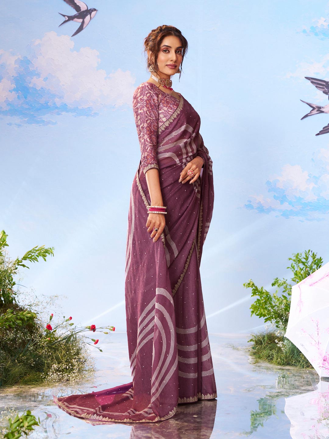 Purple plain silk saree office wear