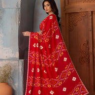 Red bandhani-style printed georgette saree daily wear