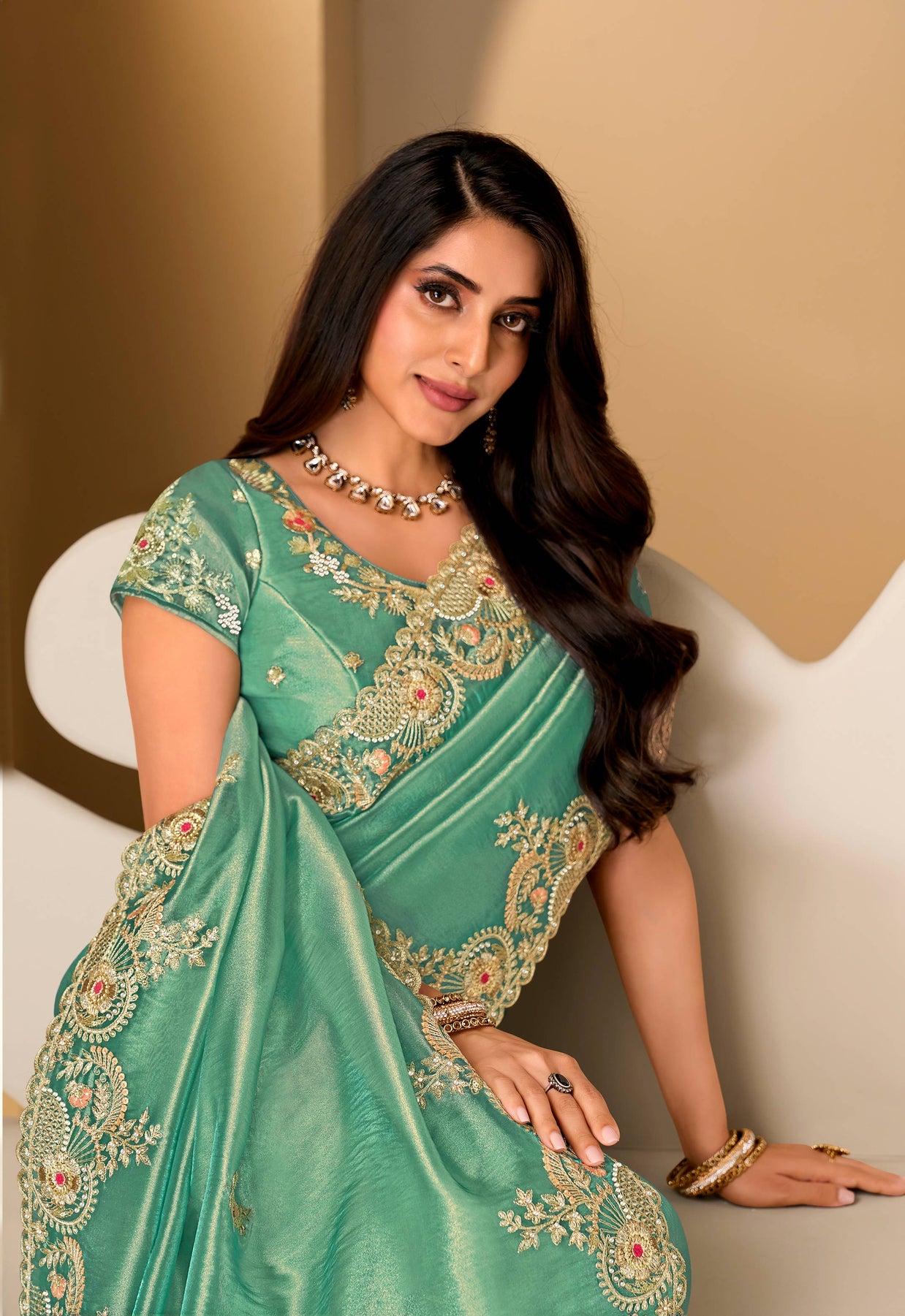 Blue embroidered tissue organza saree party wear