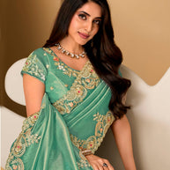 Blue embroidered tissue organza saree party wear