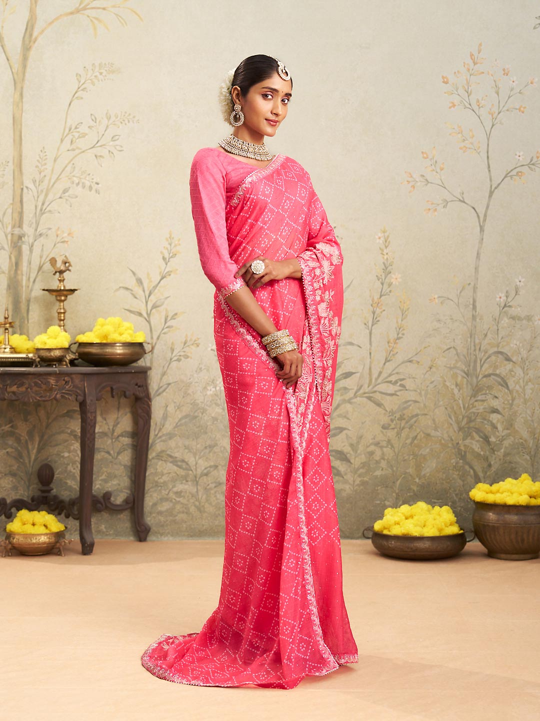 Pink floral embroidered chiffon saree casual wear