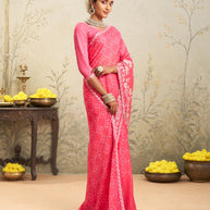 Pink floral embroidered chiffon saree casual wear