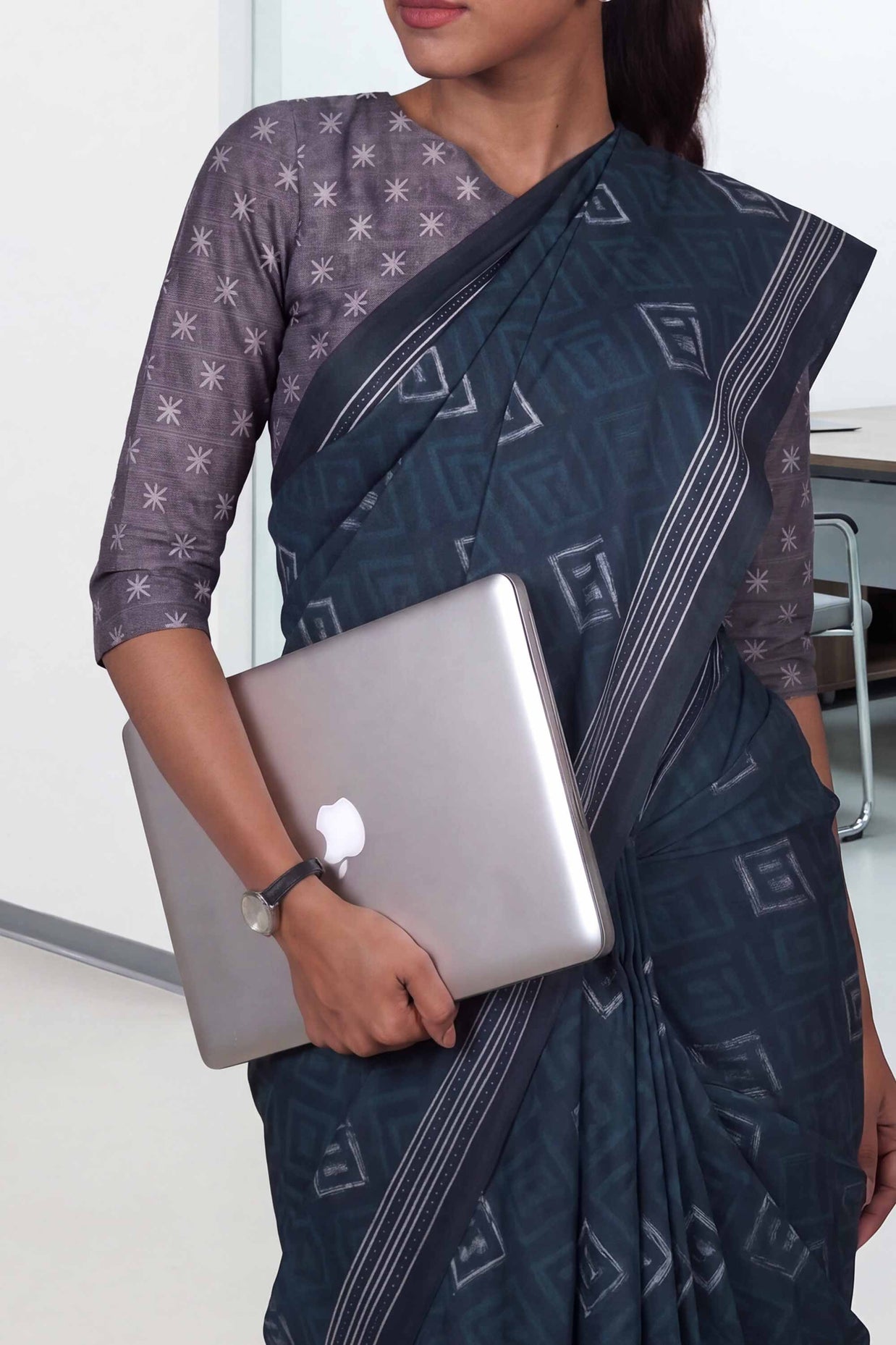 Blue geometric printed cotton blend saree daily office wear