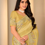 Yellow floral embroidered silk blend saree party wear