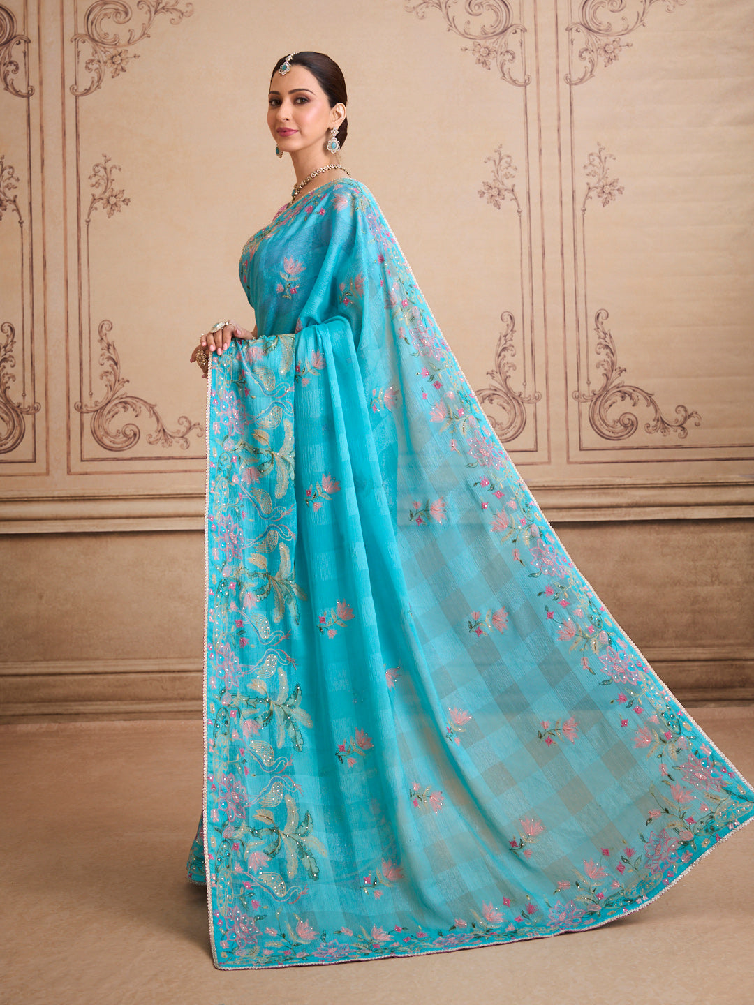 Blue embroidered chiffon saree daily wear