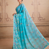 Blue embroidered chiffon saree daily wear
