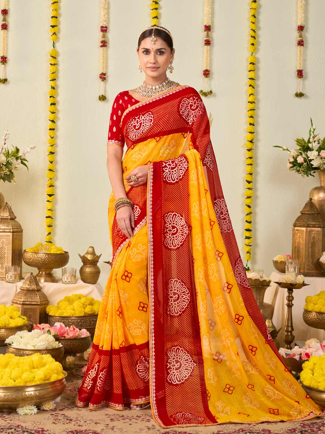 Yellow bandhani printed georgette saree party wear