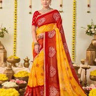 Yellow bandhani printed georgette saree party wear