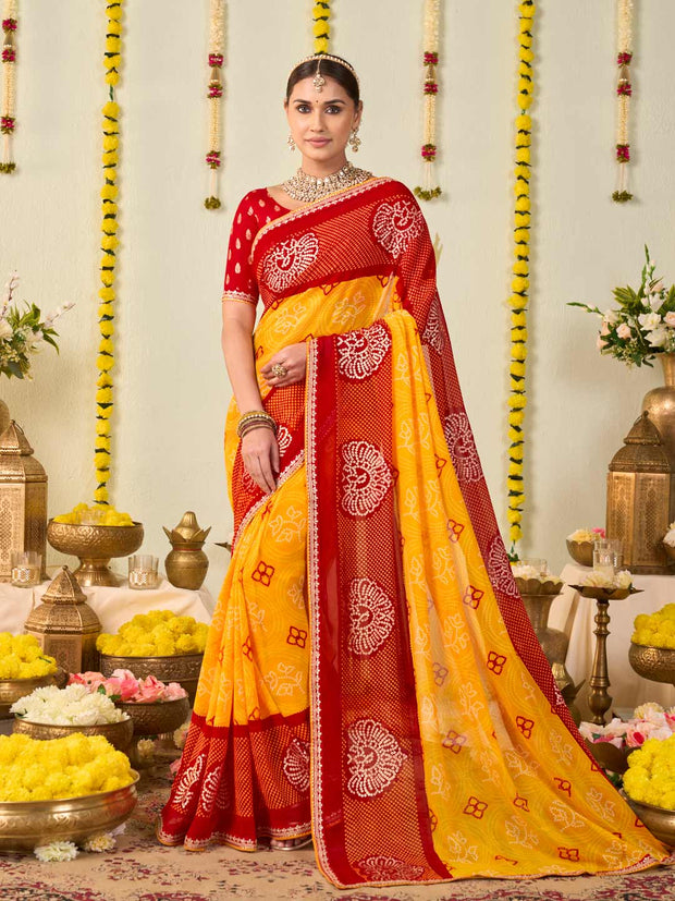 Yellow bandhani printed georgette saree party wear