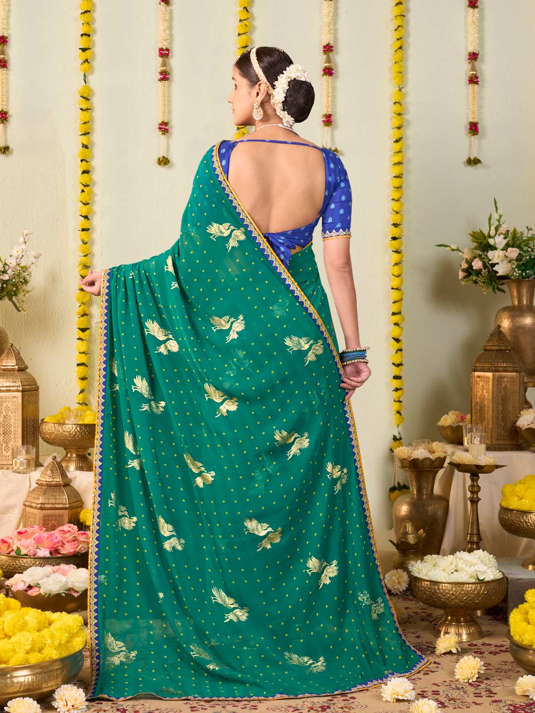 Green bandhani printed georgette saree party wear