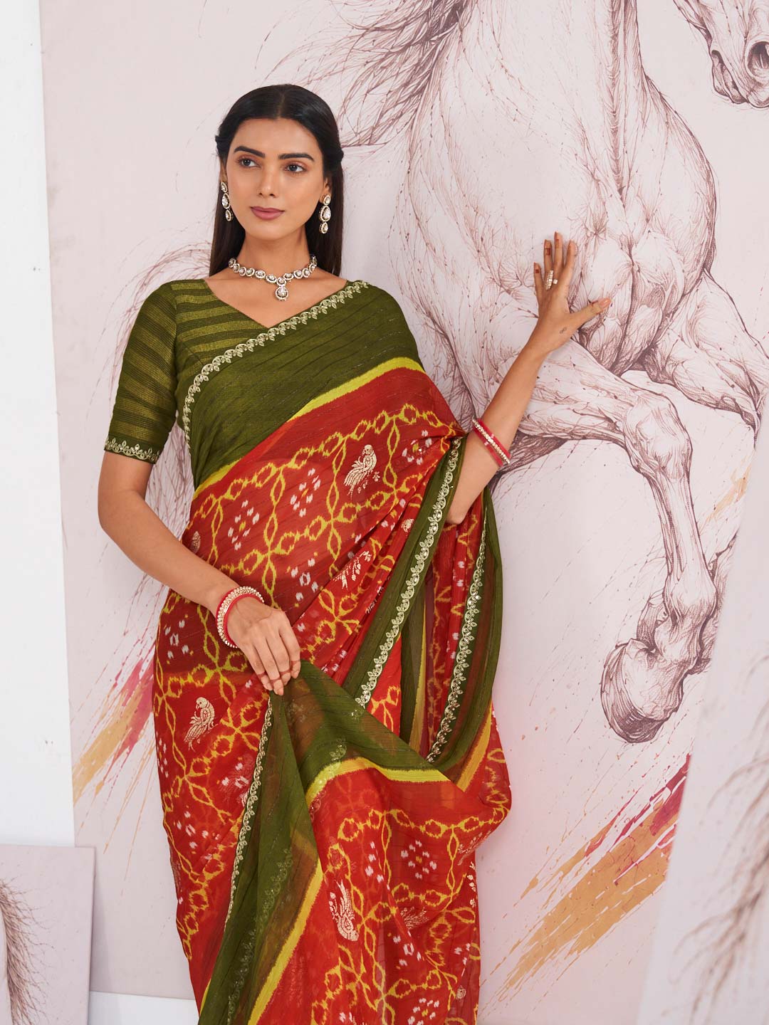 Laxmipati Murli Red Chiffon Floral Saree