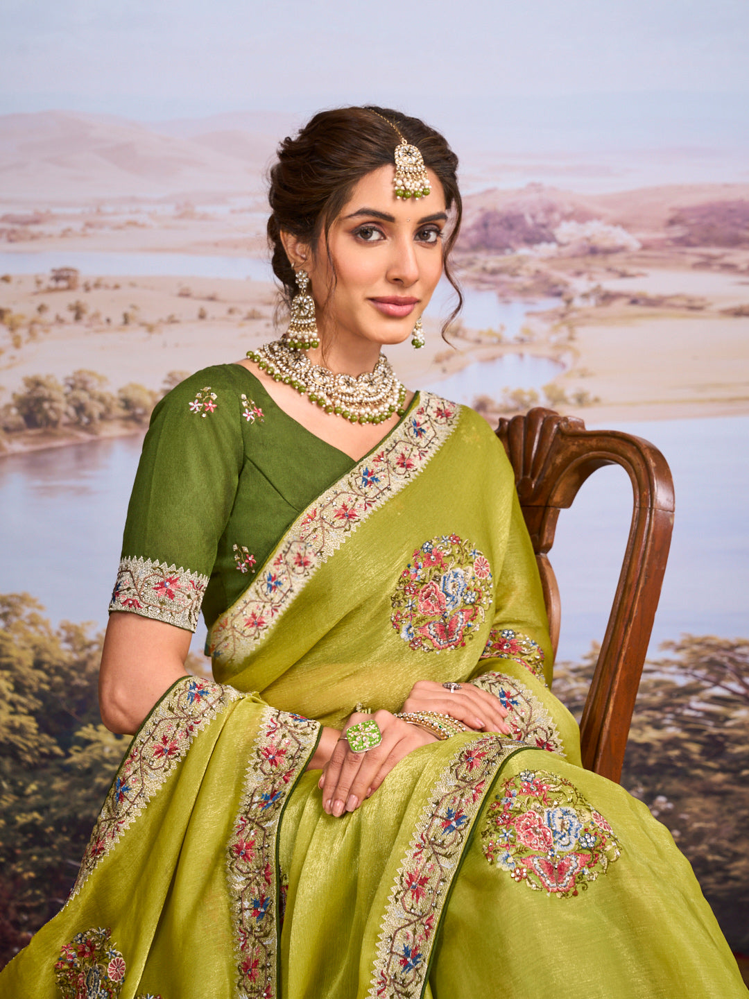 Green floral embroidered chiffon saree wedding wear