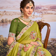 Green floral embroidered chiffon saree wedding wear