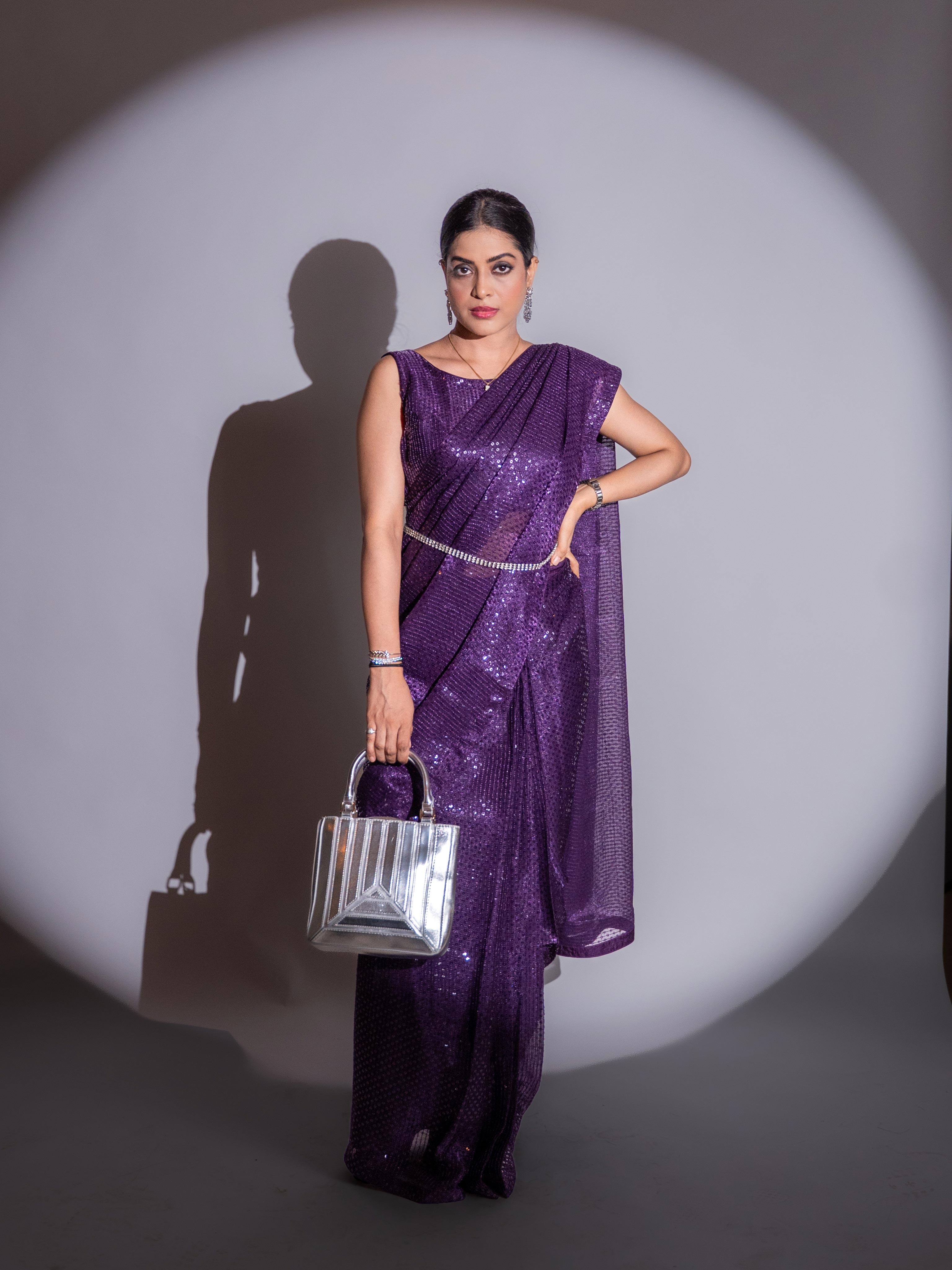 Purple sequin embroidered georgette saree festive wear