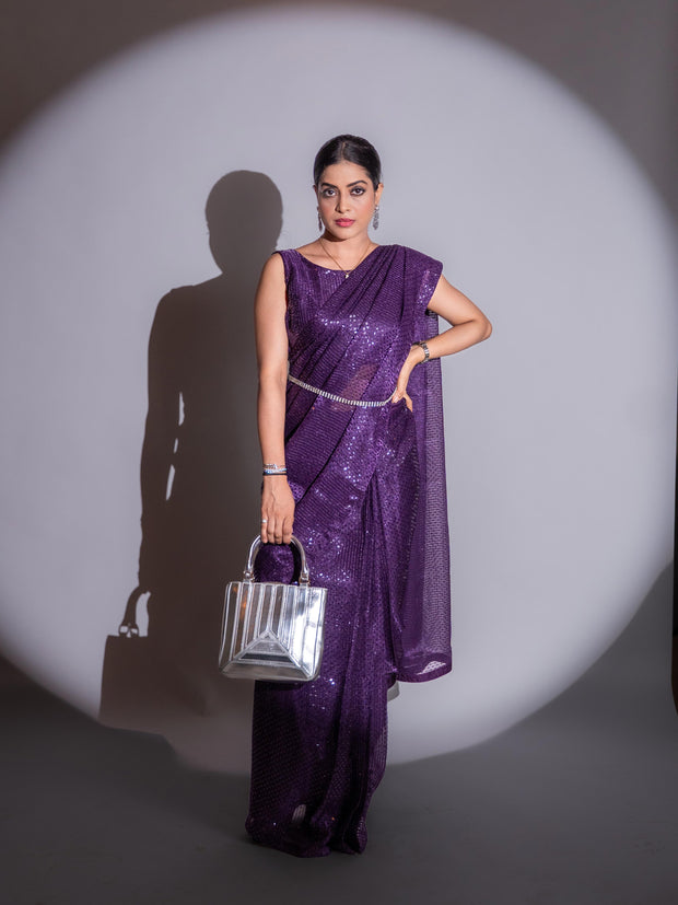 Purple sequin embroidered georgette saree festive wear