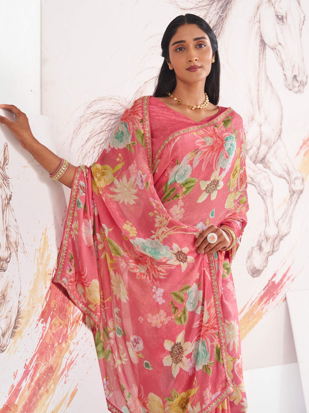 Laxmipati Murli Pink Chiffon Floral Saree