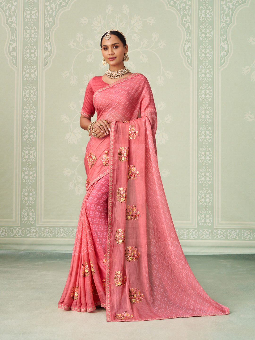 Pink floral embroidered chiffon saree party wear